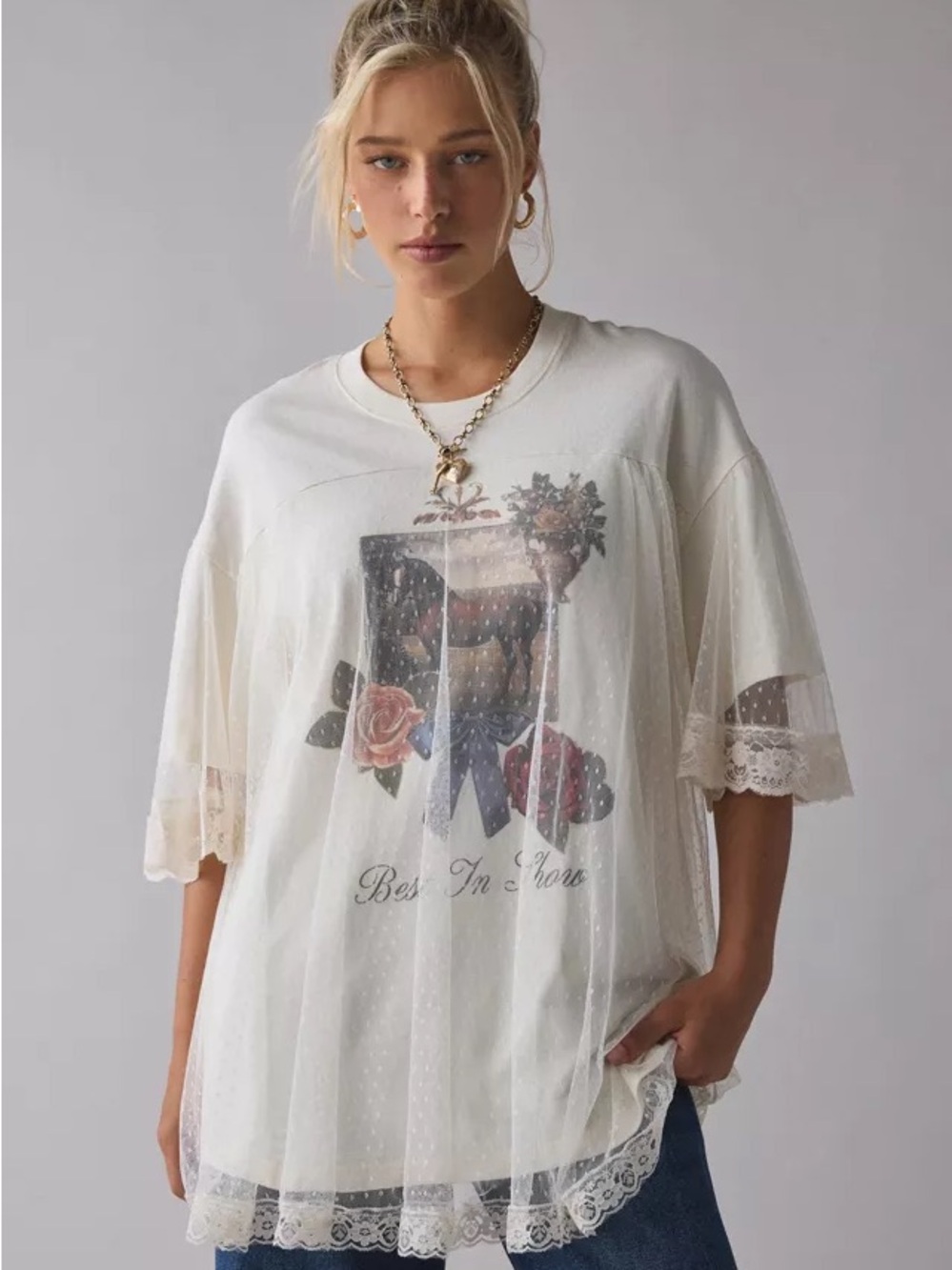 NWT ✨ Kimchi Blue Sheer Lace Overlay Short Sleeve Tee with Horse Graphic